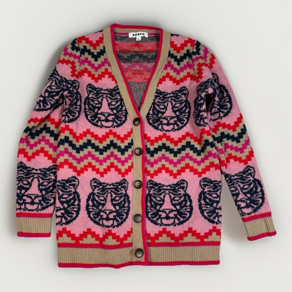 Boden Quinn Boyfriend Cardigan Tiger Pink Red Black Tan Fair Isle Intarsia Sz S - Picture 2 of 8